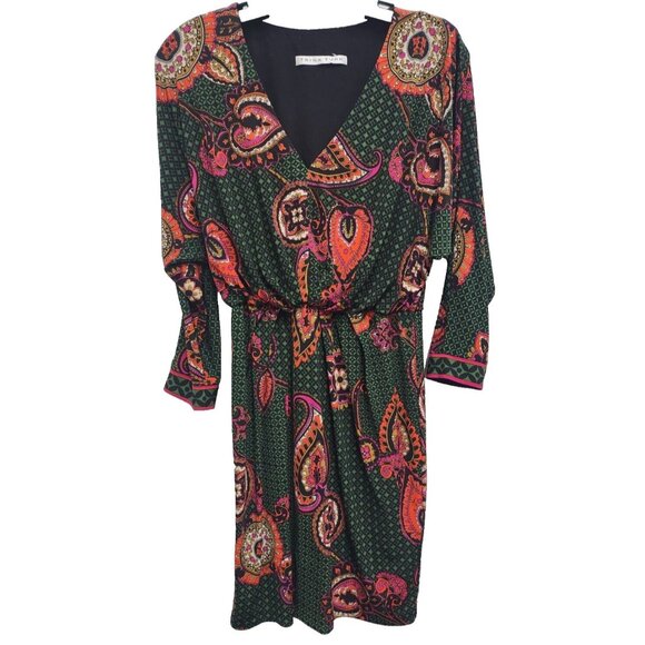 Trina Turk Womens Mini Dress Small Green Pink Paisley 3/4 Sleeve BOHO Casual - Picture 1 of 7